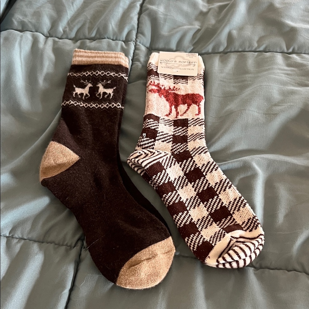 Cozy  Wool Blend Crew Socks - Brown & Cream Patterned Pack